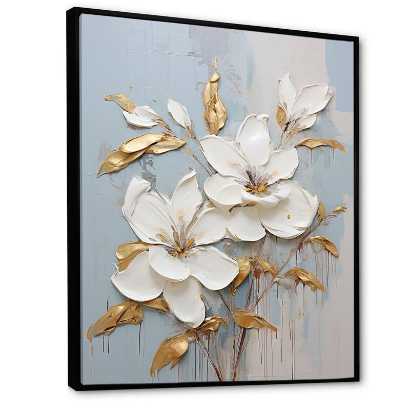 Designart "Minimalism White And Gold Magnolias Florescence" Magnolias Framed Canvas Wall Art